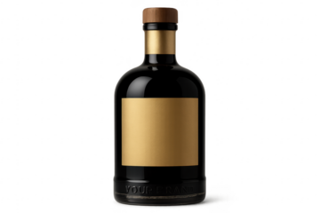 Elegant black bottle with blank gold label and wooden cap on transparent background
