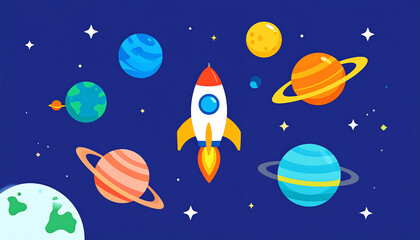 Colorful rocket launching among planets in space