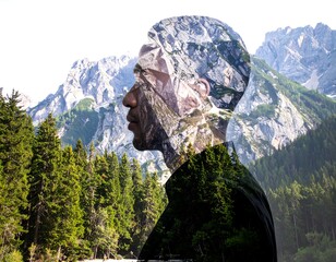 Man profile, mountains overlay