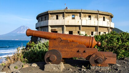 Rusty cannon and abandoned circular building by the ocean.
