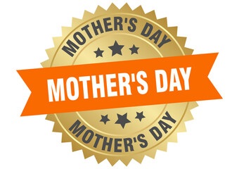 mother's day. mother's day round orange and gold label isolated on transparent background