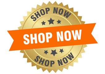 shop now. shop now round orange and gold label isolated on transparent background