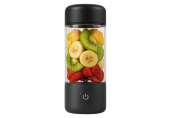 Portable Blender Filled with Sliced Fruits on Transparent Background