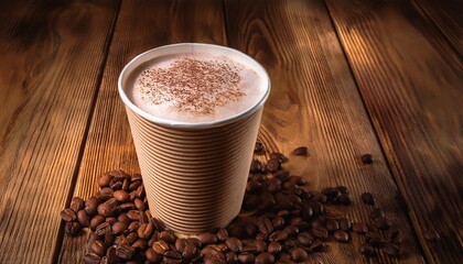 warm paper cup filled with rich hot cocoa placed on a rustic wooden table with scattered coffee beans and a cozy atmosphere ample copy space