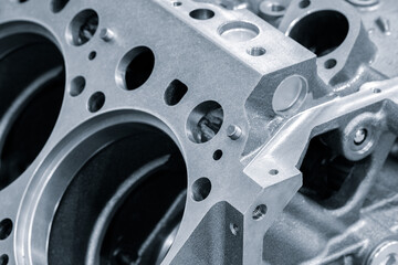 disassembled silver car engine auto service concept background.