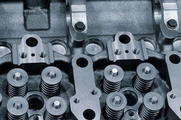 disassembled silver car engine auto service concept background.