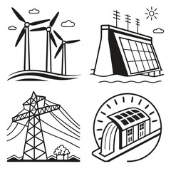 Illustration showcasing various sources of energy in a black and white style