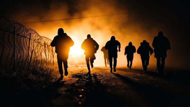 Passage frame: wired barrier, migrant path, exile warning, forbidden stretch, refugee plight, perimeter clue, prison reminder, escape issue, threshold lock, border map, immigrant message.