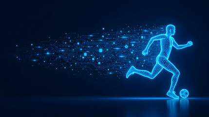 Obraz premium Blauer digitaler Fußballspieler mit Datenströmen – Digital Wallpaper – Cyber Design – Futuristischer Hintergrund