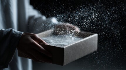 Powder explosion over box in dramatic studio lighting for cosmetic or product concept