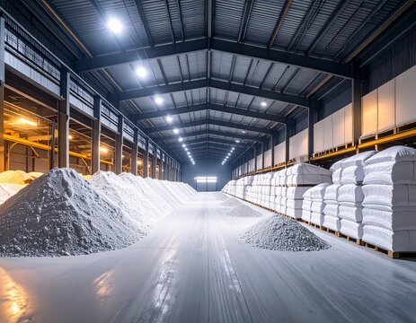 Industrial warehouse interior with bulk material storage.