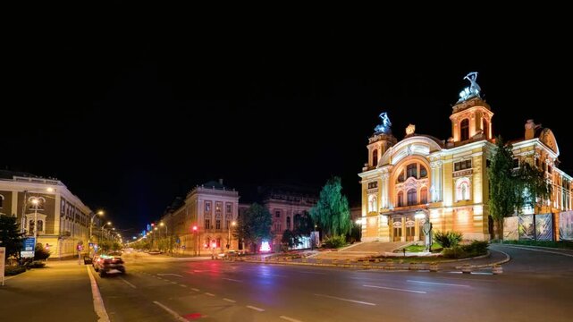 Illuminated ruse opera house at night, a beautiful landmark in ruse, bulgaria