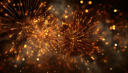 Fototapeta premium Fiery Splendor: Golden and Orange Fireworks Illuminate the Night Sky. A dazzling burst of golden and orange fireworks illuminates the