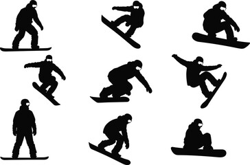 Silhouettes of snowboarders performing tricks, jumps, grabs, stunts, dynamic poses, winter sports action, freestyle moves, snowboarding athletes, extreme sport energy, motion