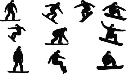 Silhouettes of snowboarders, performing tricks, jumps, stunts, grabs, spins, flips, dynamic poses, winter sports action, freestyle moves, athletes, extreme sport energy, motion
