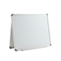 A small personal dry-erase whiteboard with a transparent melamine surface and a thin polished aluminum border, centrally placed on a seamless transparent infinity cove background with diffuse,