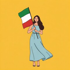 Woman with an Italian Flag Isolated on a Yellow Background

