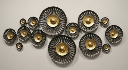 Set of 13 metal wall art pieces with gold centers