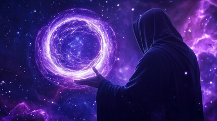 Mysterious hooded figure manipulating cosmic energy in a vibrant space setting