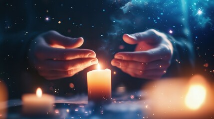 Mysterious candle magic ritual performed with hands surrounded by cosmic elements