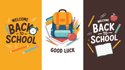 Back to school triptych illustration with alarm clock, backpack, book, pencils, and motivational text on yellow, white, and brown panels