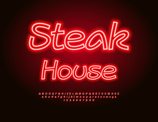 Vector Neon banner Steak House. Glowing Red Font. Led Light set of Alphabet Letters and Number.