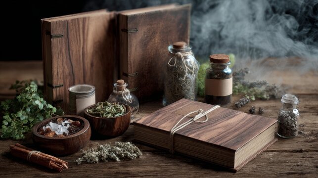 Rustic apothecary scene with herbs, wooden boards and natural medicine bottles in vintage setup