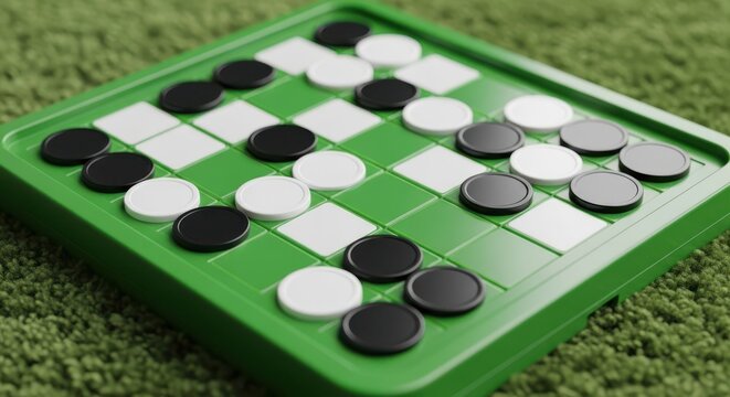 Othello board game with black and white pieces on green surface