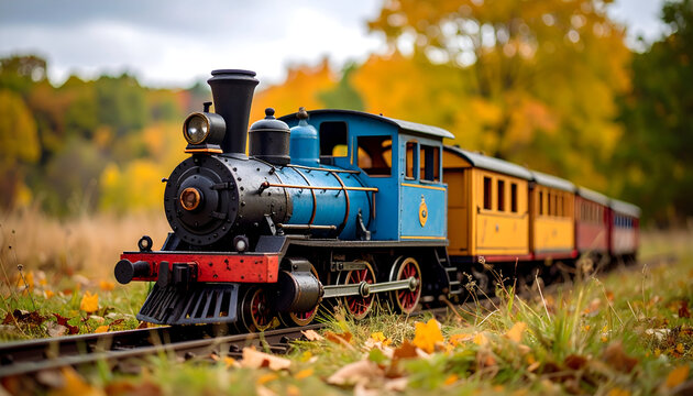 Miniature Blue Train Engine And Carriages Traveling Through Autumnal Landscape With Yellow And Red Foliage - Powered by Adobe