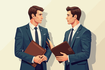 Fototapeta premium Two business-suited men reflecting partnership with leather portfolios, clean modern illustration.