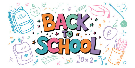 Colorful back to school illustration with backpack, graduation cap, books, pencils, and educational supplies on vibrant background