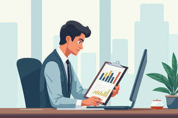 Focused businessman reviewing data charts at his desk in a brightly lit modern office.