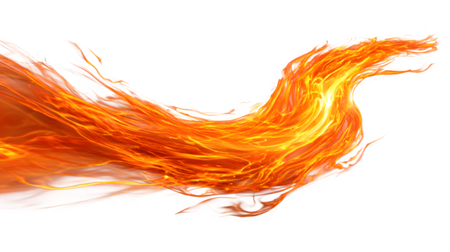 A bold, fiery orange flame streak with glowing highlights, isolated on a white background