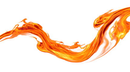 A fiery orange flame streak curving across the frame with glowing highlights, isolated on a white background 