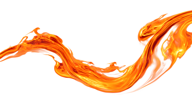 A fiery orange flame streak curving across the frame with glowing highlights, isolated on a white background 