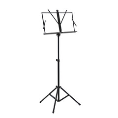 Modern black metal music stand with adjustable sheet music holder and sturdy tripod base against a seamless transparent background, studio illumination with no shadows, commercial product