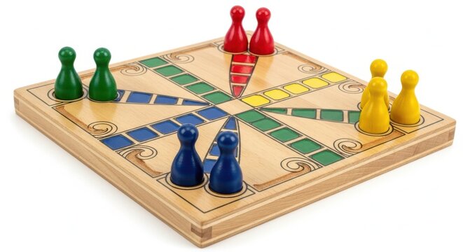 Ludo board game with colorful pawns isolated on white background