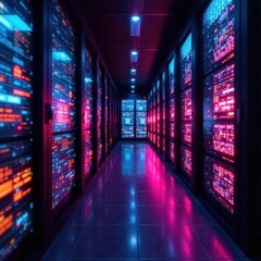 Network security operations center with glowing screens, prevention, encryption, malware