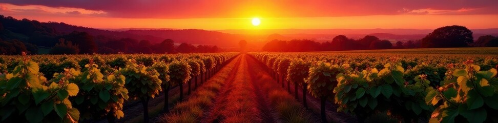 Crimson sunset casts long shadows across French vineyard rows , landscape, light