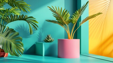 Obraz premium Colorful houseplants and vases on blue yellow backdrop for interior design decoration greenery or modern botanical inspiration