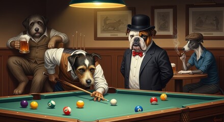 Dogs playing pool in a bar, dressed in formal attire