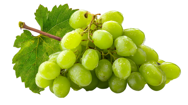 A bunch of green grapes attached to a short stem, isolated on a white background