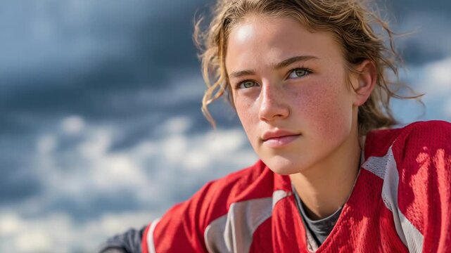 A young softball player, eyes brimming with ambition, stands against dramatic clouds, her vibrant red uniform catching the wind.