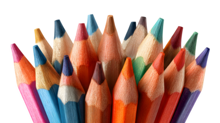 A bundle of colored pencils with sharpened tips pointing outward in a fan shape, isolated on a white background