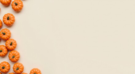 Pumpkins corner composition on beige background, copy space