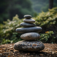 Stone Balance in Nature: a serene arrangement of carefully stacked stones, symbolizing balance and tranquility against the backdrop of lush green vegetation and the tranquil forest.