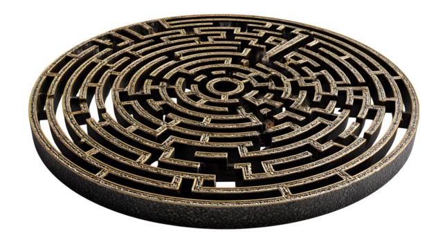 A circular maze design with a clear path from entry to exit, ideal for games and puzzles, isolated on a white background