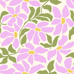 Seamless botanical abstract pattern with pink flowers and leaves on light background. Paper cut style simple primitive drawing. Vector print in minimalistic style.