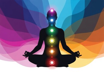 Silhouette of a person meditating with colorful chakras aligned along the spine, representing spiritual energy and balance