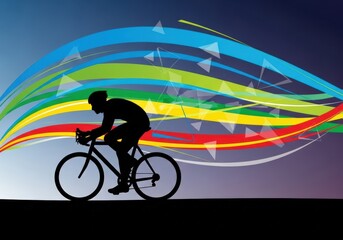 Fototapeta premium Silhouette of a cyclist on a bicycle with colorful abstract lines in the background, representing speed and energy